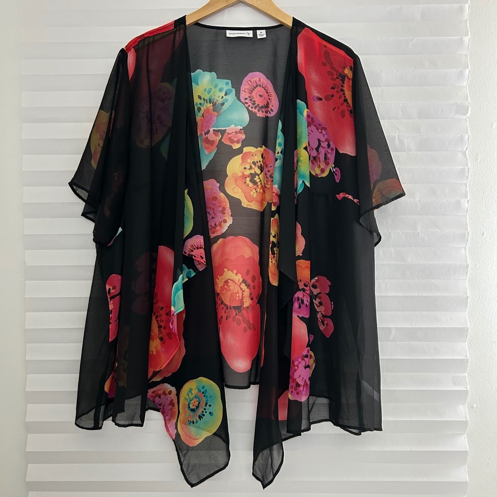 Susan Graver Floral Sheer Chiffon Open Front Resortwear Cardigan Black 3X